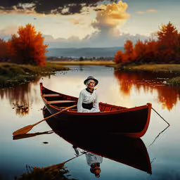 there is a man standing in a boat on the lake,a man sitting on top of a boat in a lake