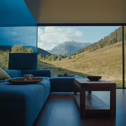 the view outside a living room window to a mountain landscape