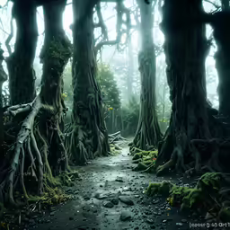 a path surrounded by trees in the forest