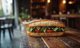 a close up of a sandwich on a wooden table