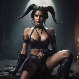 the woman is wearing some horned black costume