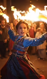 the girl with the blue dress is holding onto her sparklers