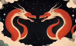 two red and white foxes surrounded by clouds