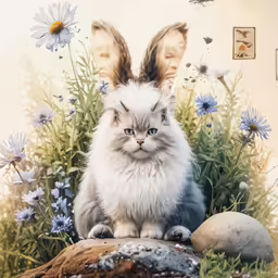 a very cute cat sitting on some rocks