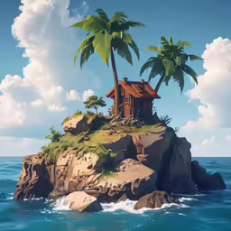 a small hut on an island with palm trees