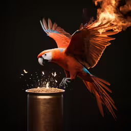 an orange parrot with blue wings perches on a gold can and a fire blazing in the background