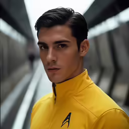 a man dressed in yellow looking off to his left