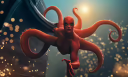 a large orange squid in the water by some buildings
