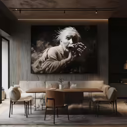 a modern living room with grey sofas and white chairs