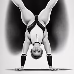 a woman in black and white doing a backbend