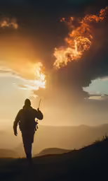 a person hiking with the sun in the background