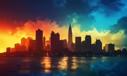 an image of a sunset behind the city