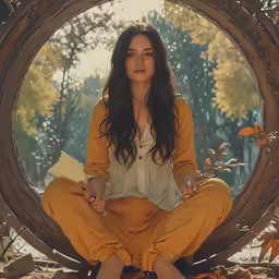 a woman sitting on the ground in a circle surrounded by leaves