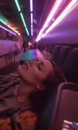 an empty sleeping area in a train with neon lights