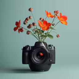 a camera is shown with flowers in it