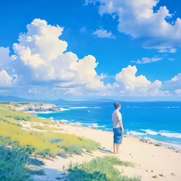 the man is standing on the sand by the ocean