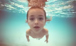 a little girl under the water looks at the camera