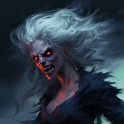 a close up of an illustration of a female character with bloody eyes and hair,a woman with white hair is in the air and has white hair with red eyes