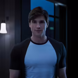 a young man stands in front of an open door