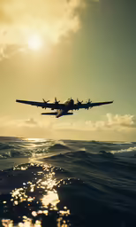 an airplane flies low over the ocean water