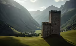 an old stone castle with the mountains in the background
