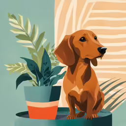 a painting of a dog sitting beside a potted plant