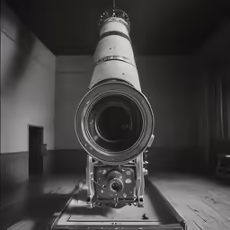a small telescope is sitting on a platform in a room