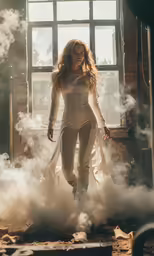 a woman is standing in smoke and surrounded by windows