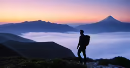 a man in a backpack standing on top of a mountain