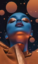 a woman in gold with red lipstick and circles around her face