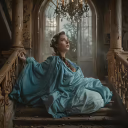 a woman sitting on a stair case near chandelier