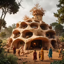 this structure features unusual shapes and people in the desert