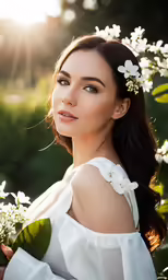 a beautiful woman in a white dress with flowers around her neck