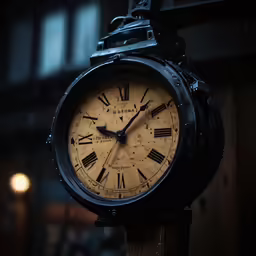 a clock hanging from the side of a pole