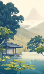 a japanese house by the lake surrounded by mountains
