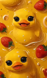 the large yellow duck is surrounded by strawberries
