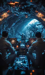 the two men are sitting on the plane in the dark