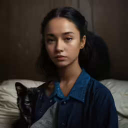 a young woman holding a cat is shown in this picture