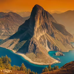a lake surrounded by mountains and a lake below