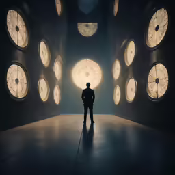 a man standing in front of a wall of clocks