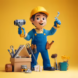 the happy cartoon handy man is holding a tool