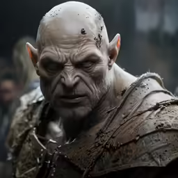 the man is in armor with no hair and has orange eyes
