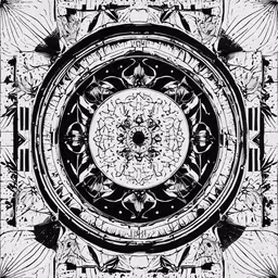 the inside of a design with a geometric, black and white theme,a black and white circular image with some details
