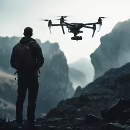 a man stands on top of a rocky mountain looking at a plane flying above