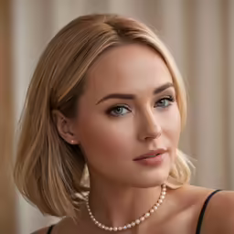 a woman in a black dress is posing with a pearl necklace on