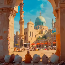 a person sitting under an arch looking at an old building