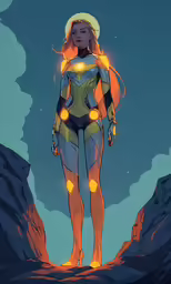 a female superhero in her costume standing on rocks