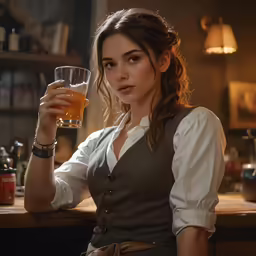 a woman holding up a glass of alcohol