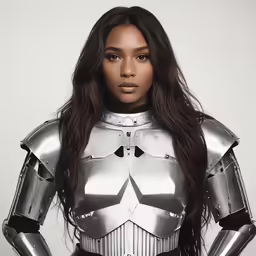 a woman in a futuristic silver outfit
