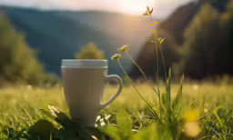 a white cup that is sitting on some grass